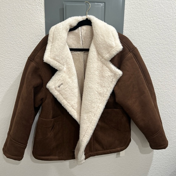 Commense Fleece Lined Lapel Coat Jacket Suede Sherpa Brown White Collar Size M - Picture 4 of 7